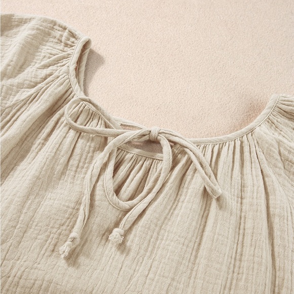 Khaki  Crinkle Embroidered Patched Bubble Sleeve Tied Neck Blouse Bohemian - Picture 7 of 11